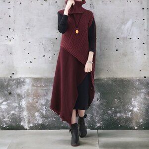 ** Emmanuel Burgundy Asymmetric Turtleneck Dress Size OS